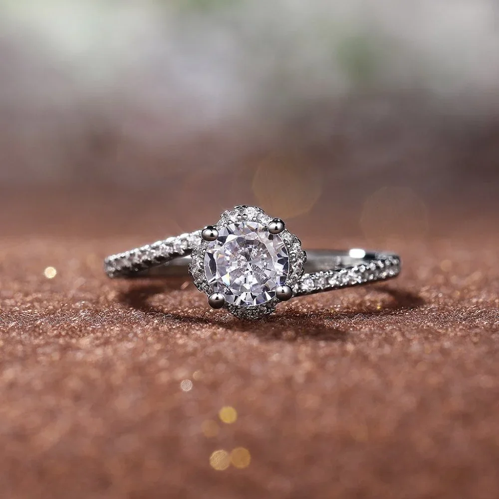 😍Beautiful CZ Diamond Twisted Macro Pave Silver Pure Flower Wedding Ring, K844